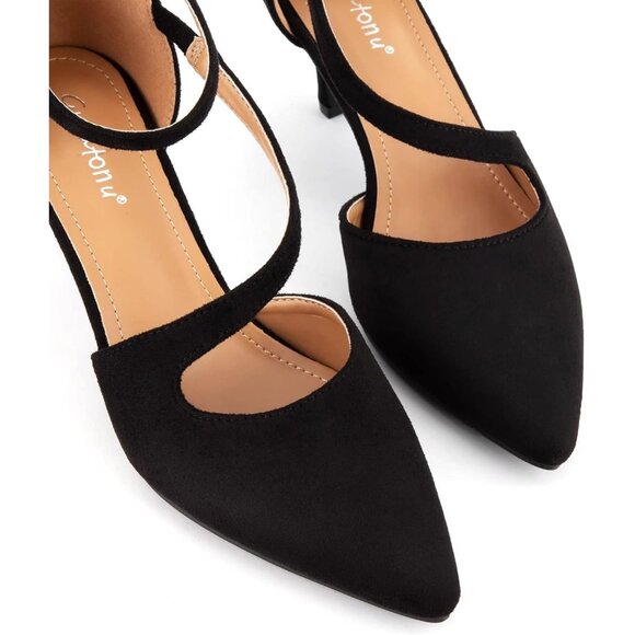 Women's Black Suede2 Polyurethane Pointed Toe Cross Strap Low Kitten Heel Pumps - Picture 5 of 7